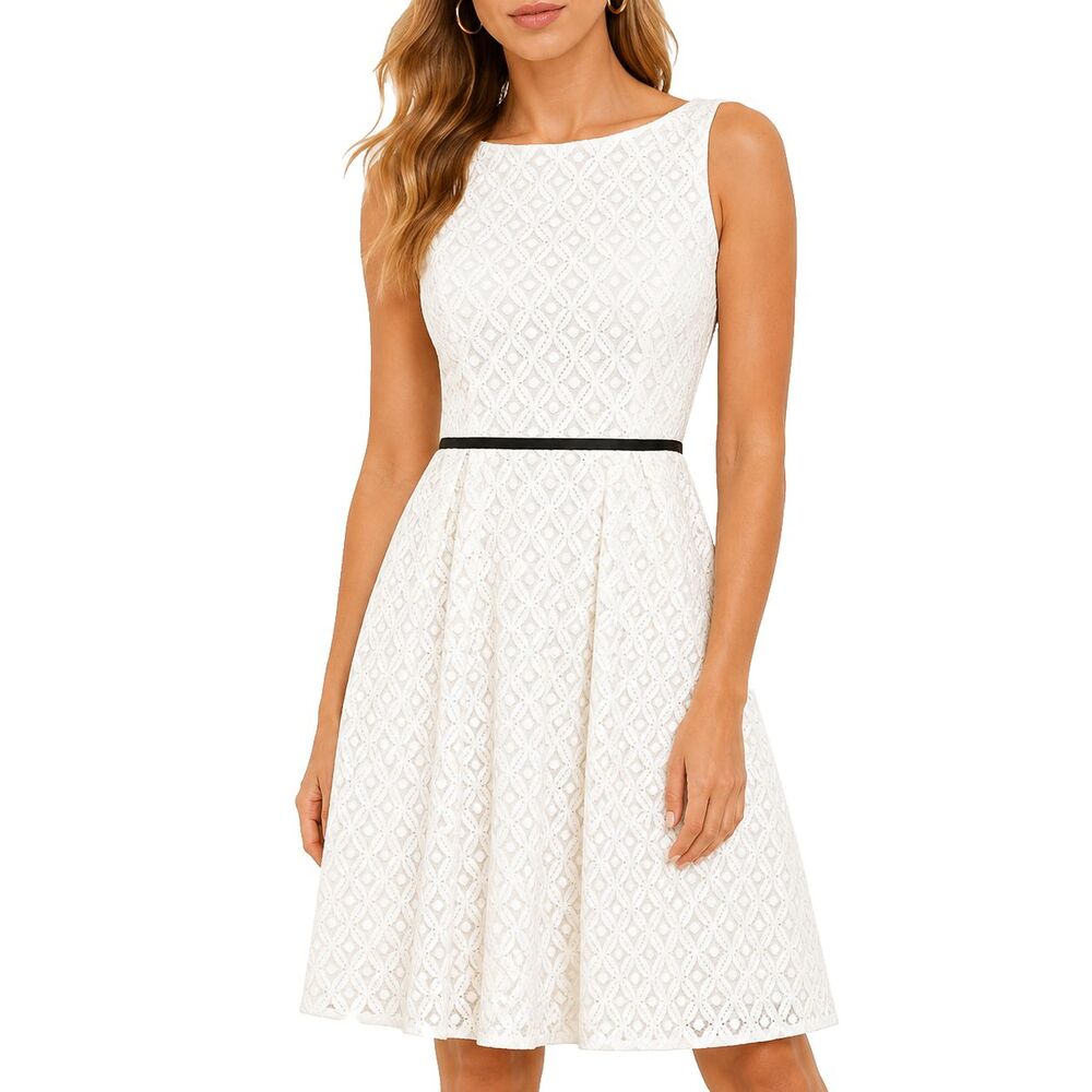 Ralph Lauren Womens Dress 10 Ivory Black Floral Lace Sheath Cotton Knee Length